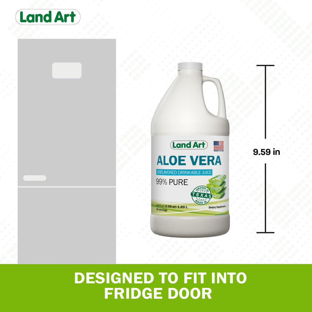 Pack of 2 Land Art Aloe Vera Juice 64 oz on kitchen counter.