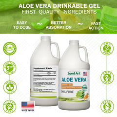 USA-made Land Art Aloe Vera bottle emphasizing purity and quality