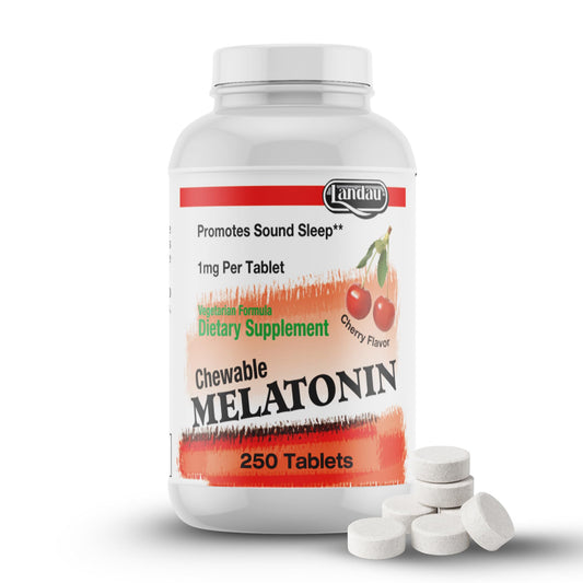 Landau 1 mg chewable melatonin bottle supports a gentle bedtime routine.