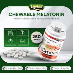 Close-up of Landau melatonin tablets showing smooth texture and berry flavor.