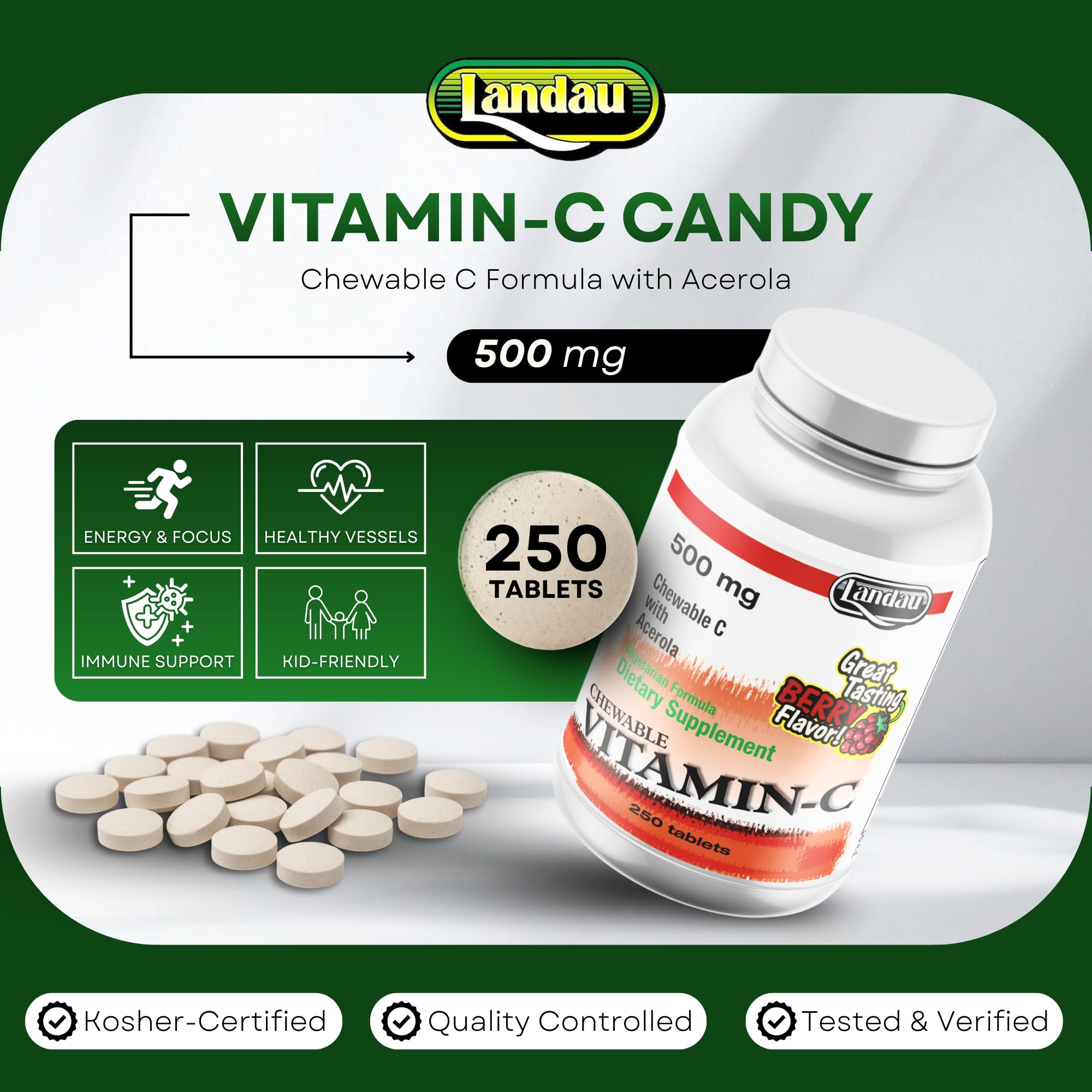 LANDAU chewable tablets closeup highlighting berry flavor and smooth texture.