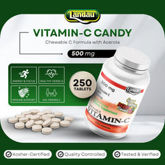 LANDAU chewable tablets closeup highlighting berry flavor and smooth texture.