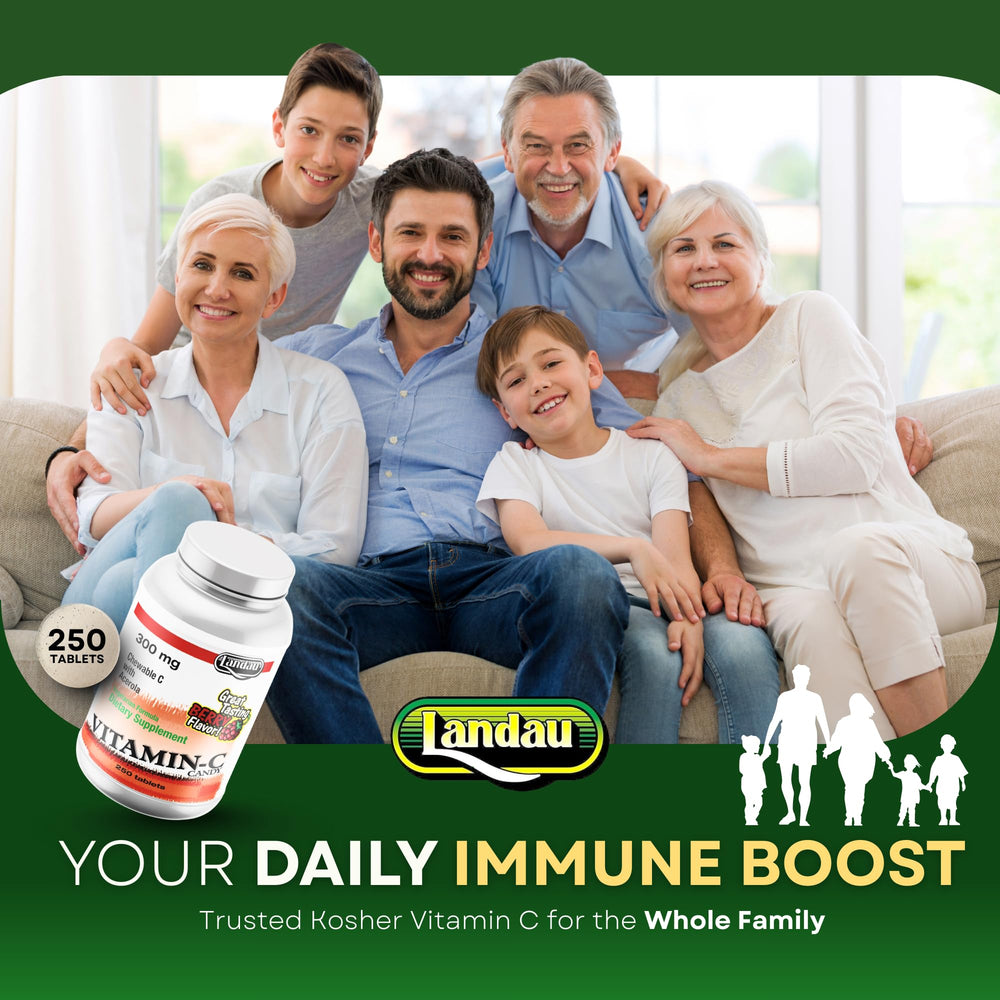 LANDAU vitamin C candy packaging shown with safety certifications for peace of mind