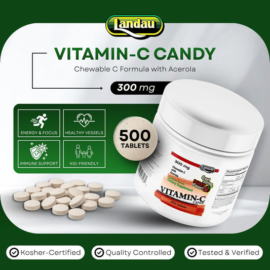 LANDAU vitamin C chewable berry label close-up showing 300 mg and acerola.