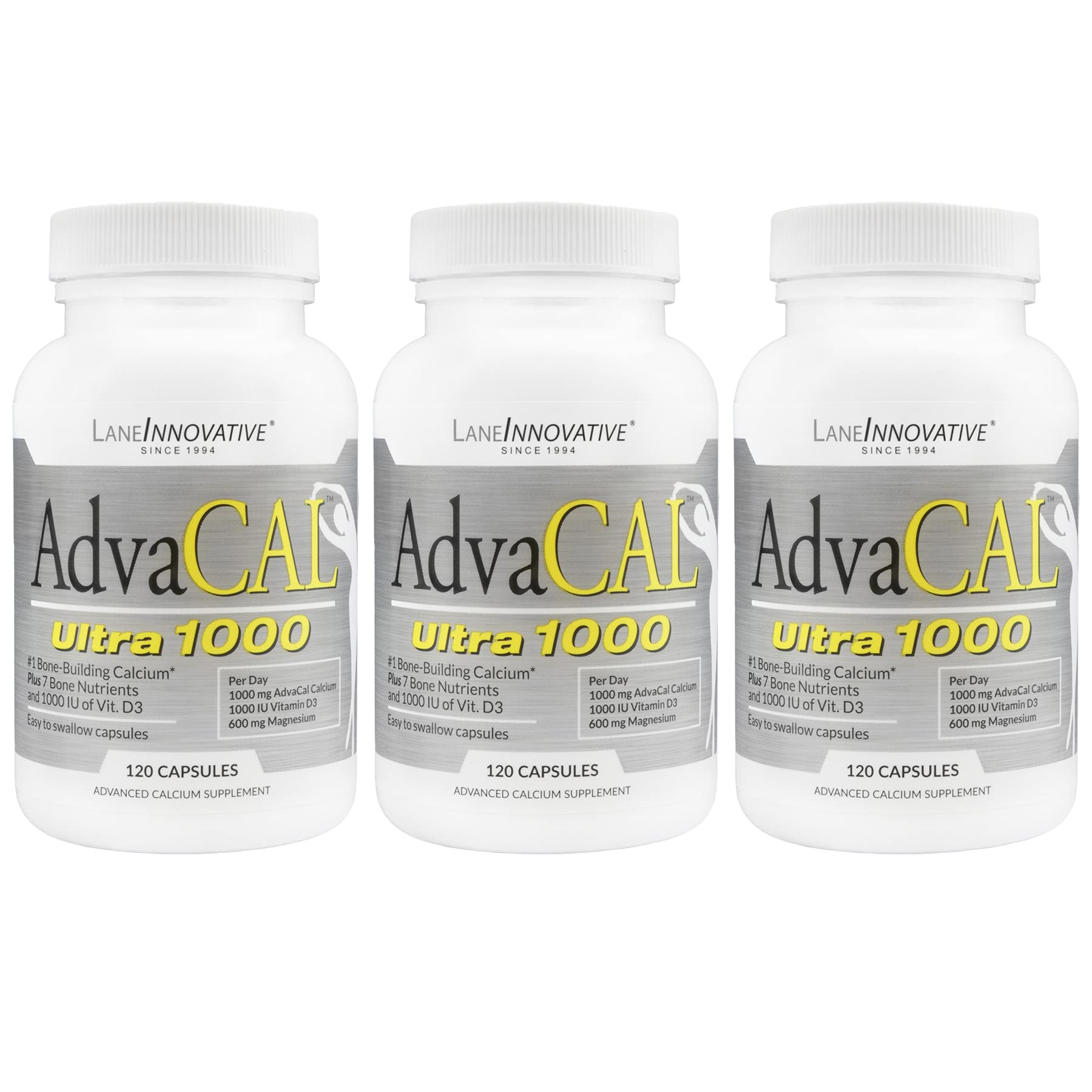 Lane Innovative AdvaCAL Ultra 1000 bottle shown with 360 servings for ongoing bone-health support