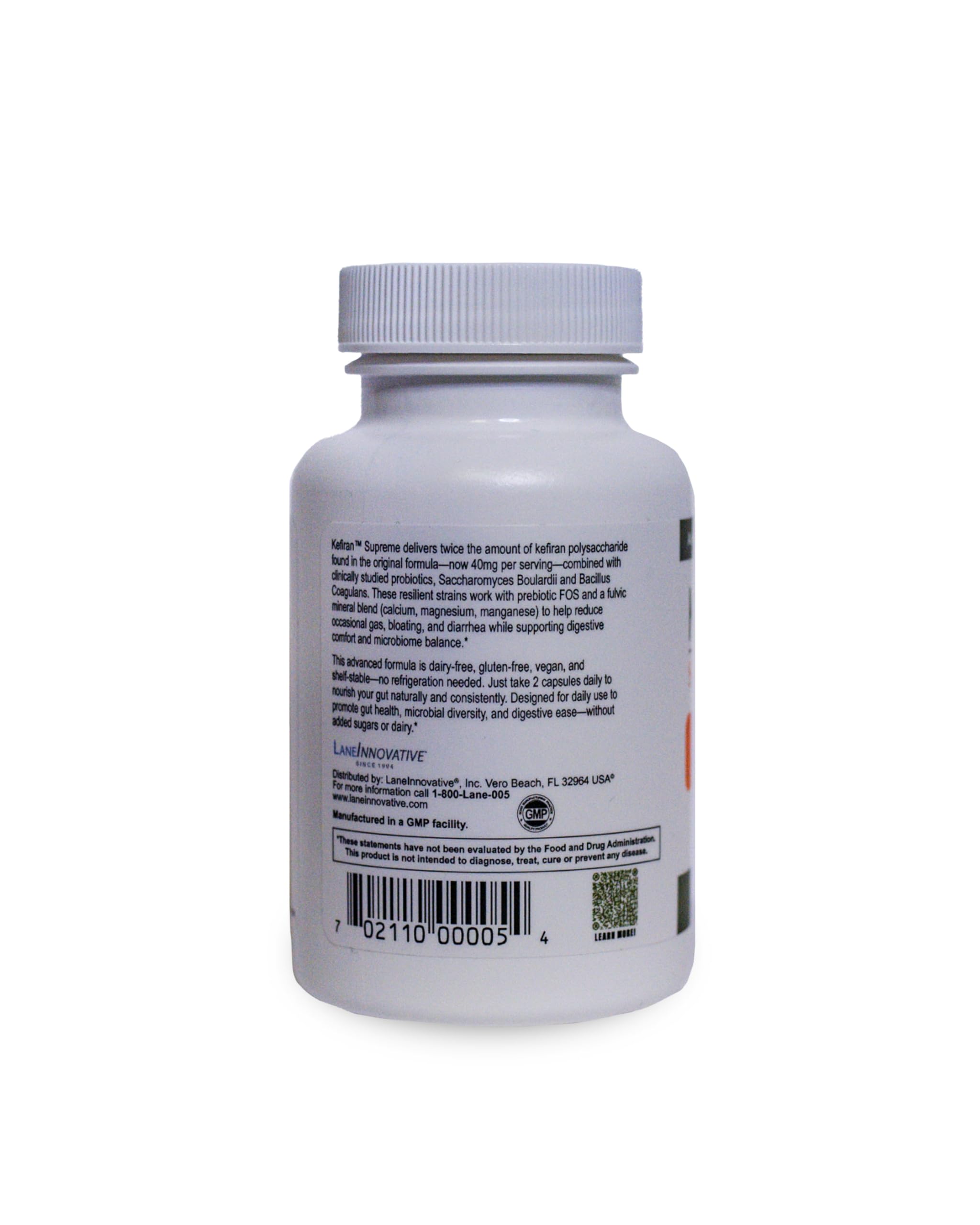 Lane Innovative Kefiran Supreme capsules close-up, convenient daily gut-friendly supplement