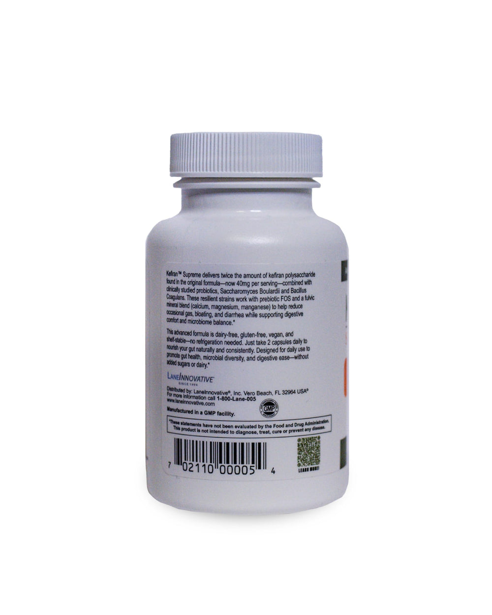 Lane Innovative Kefiran Supreme capsules close-up, convenient daily gut-friendly supplement