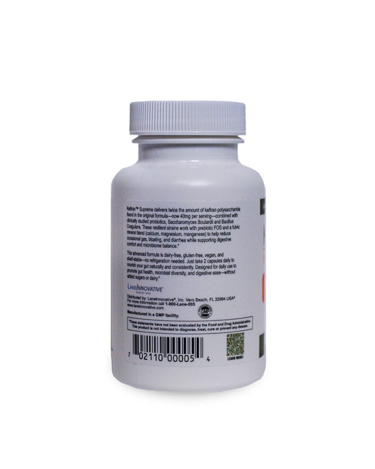 Lane Innovative Kefiran Supreme capsules close-up, convenient daily gut-friendly supplement