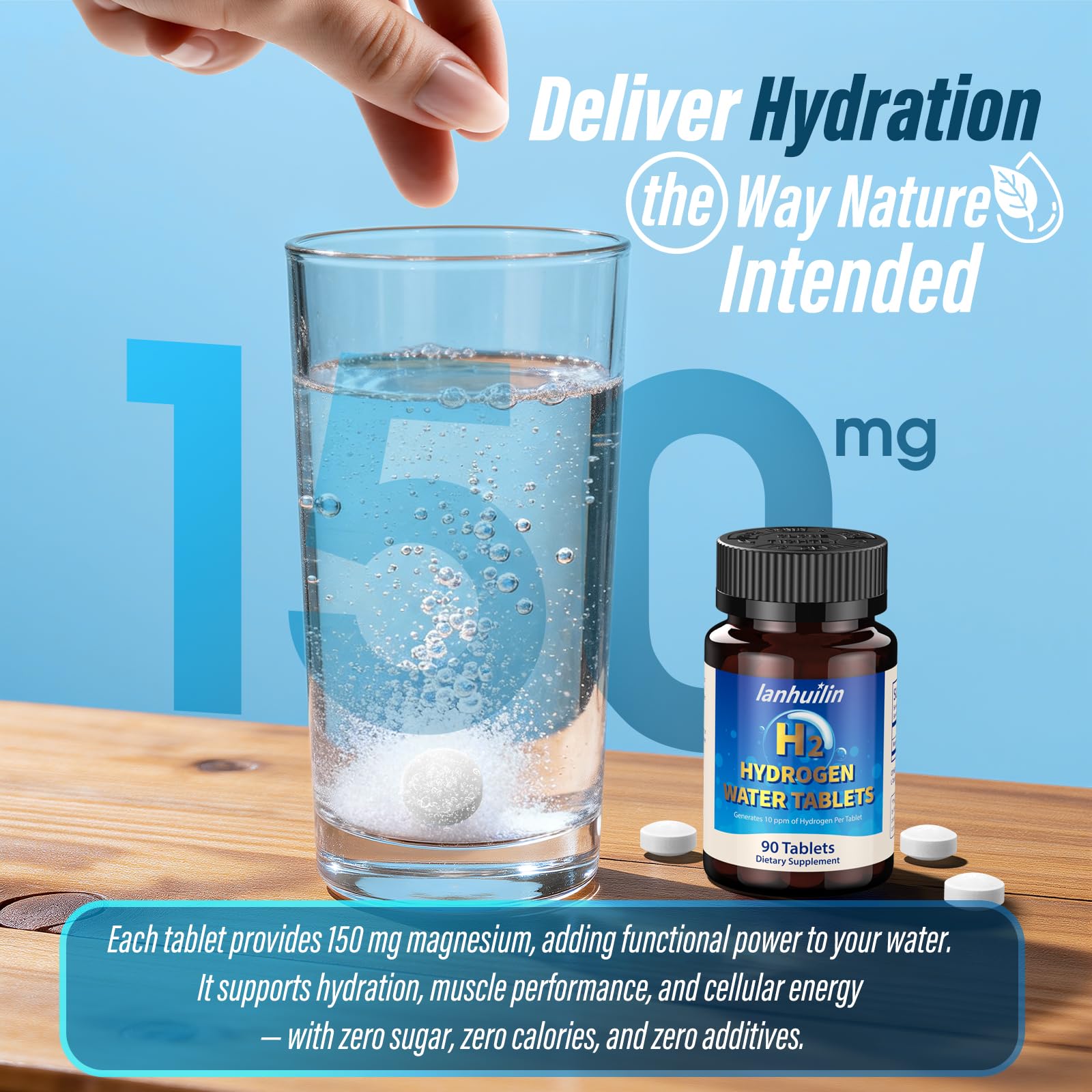 Lanhuilin hydrogen tablets dissolving in water to create refreshing hydrogen water.