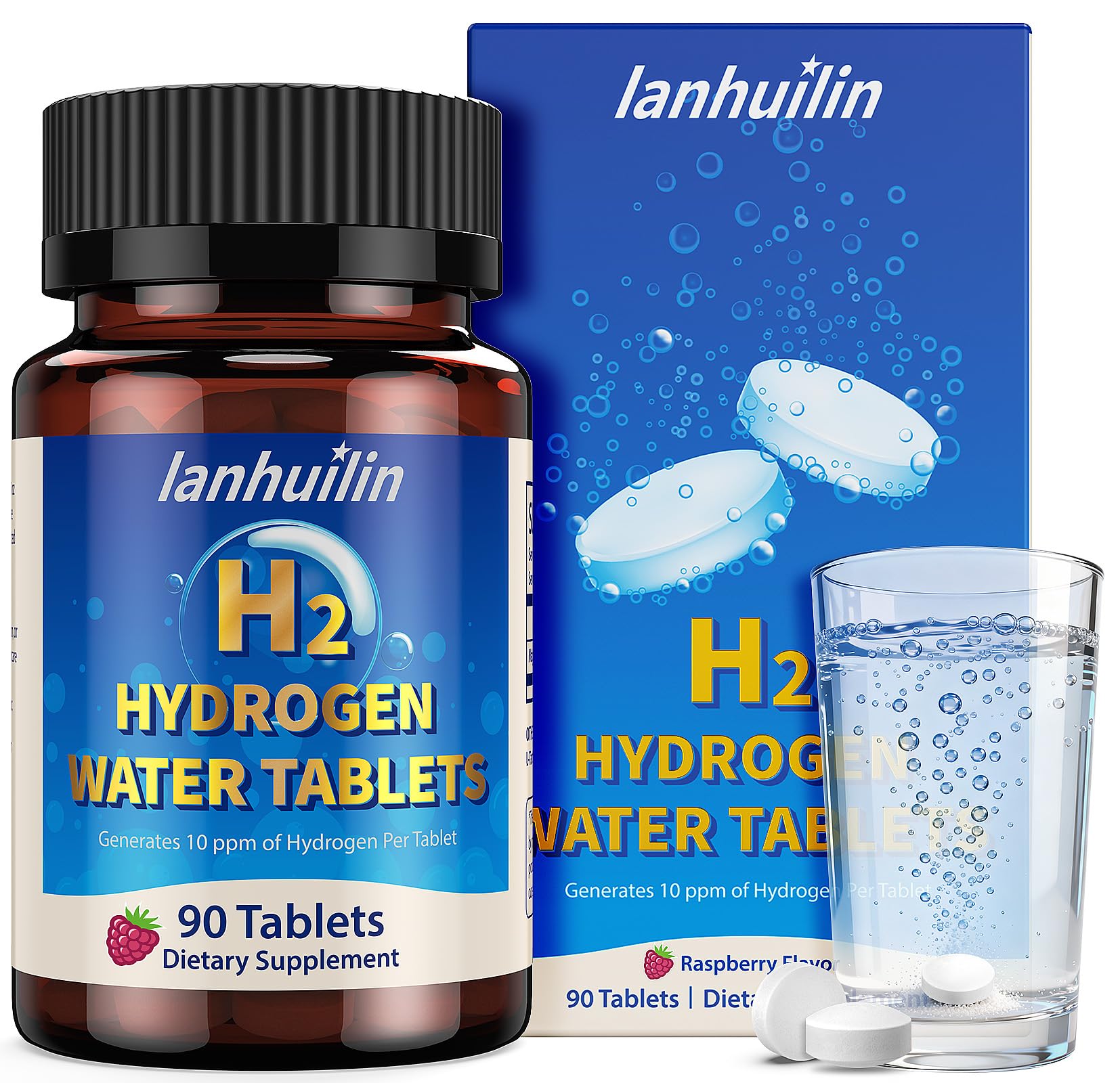 Lanhuilin Raspberry Hydrogen Tablets packaging highlights flavor and convenient daily hydration.