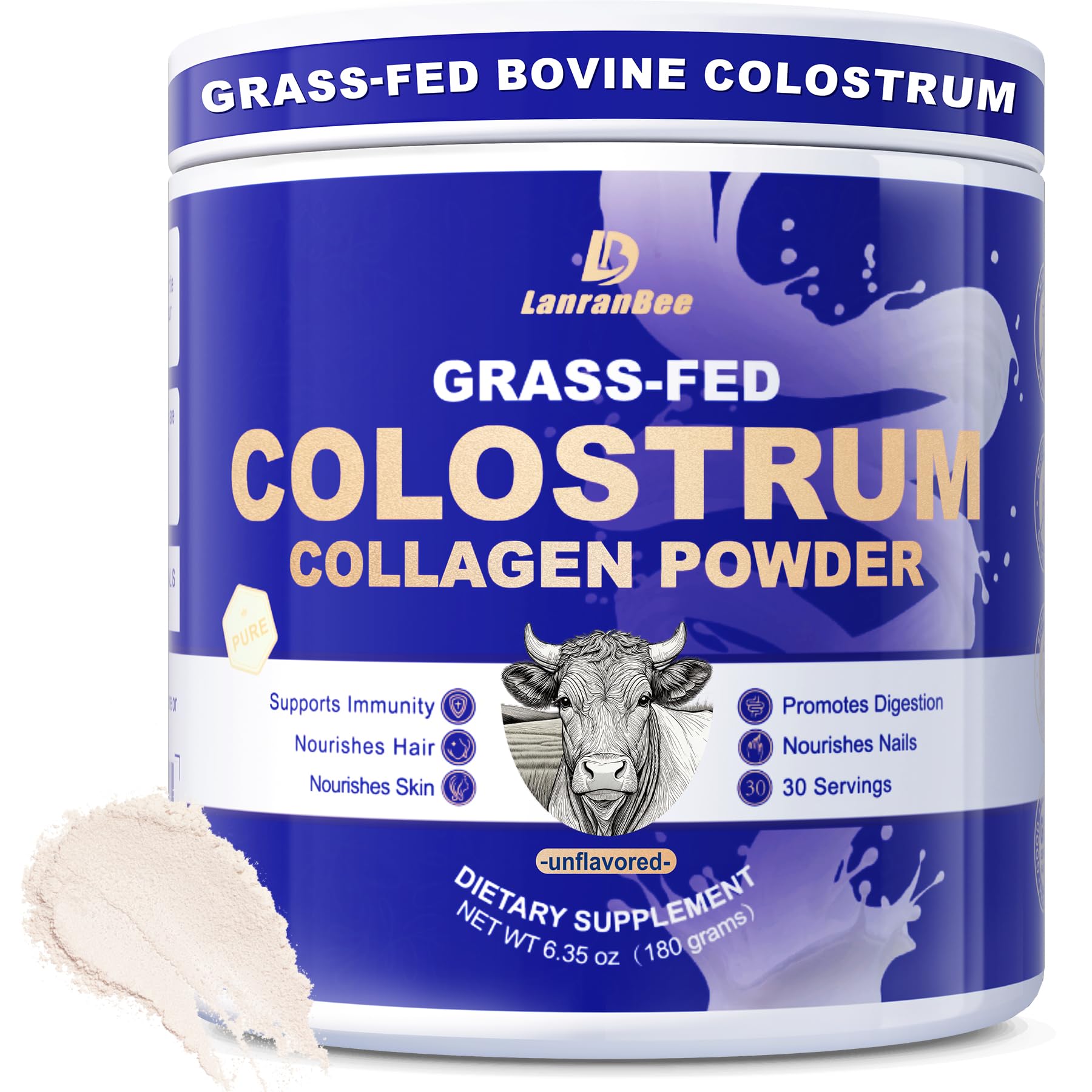 LanranBee bottle shot with grass-fed colostrum and collagen for immune and gut support