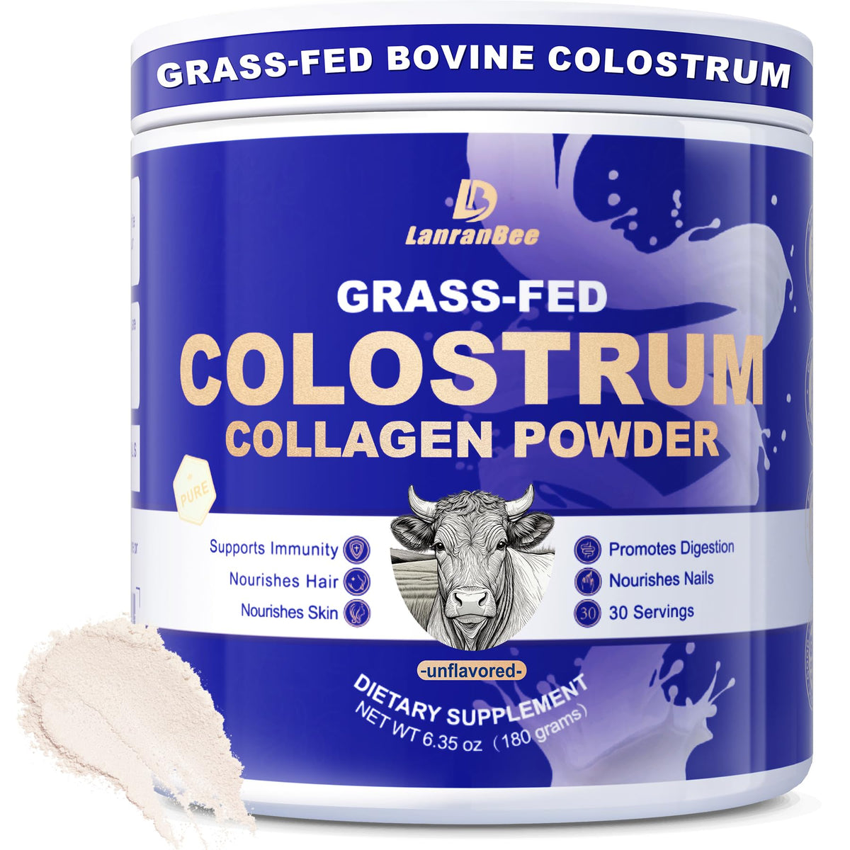 LanranBee bottle shot with grass-fed colostrum and collagen for immune and gut support