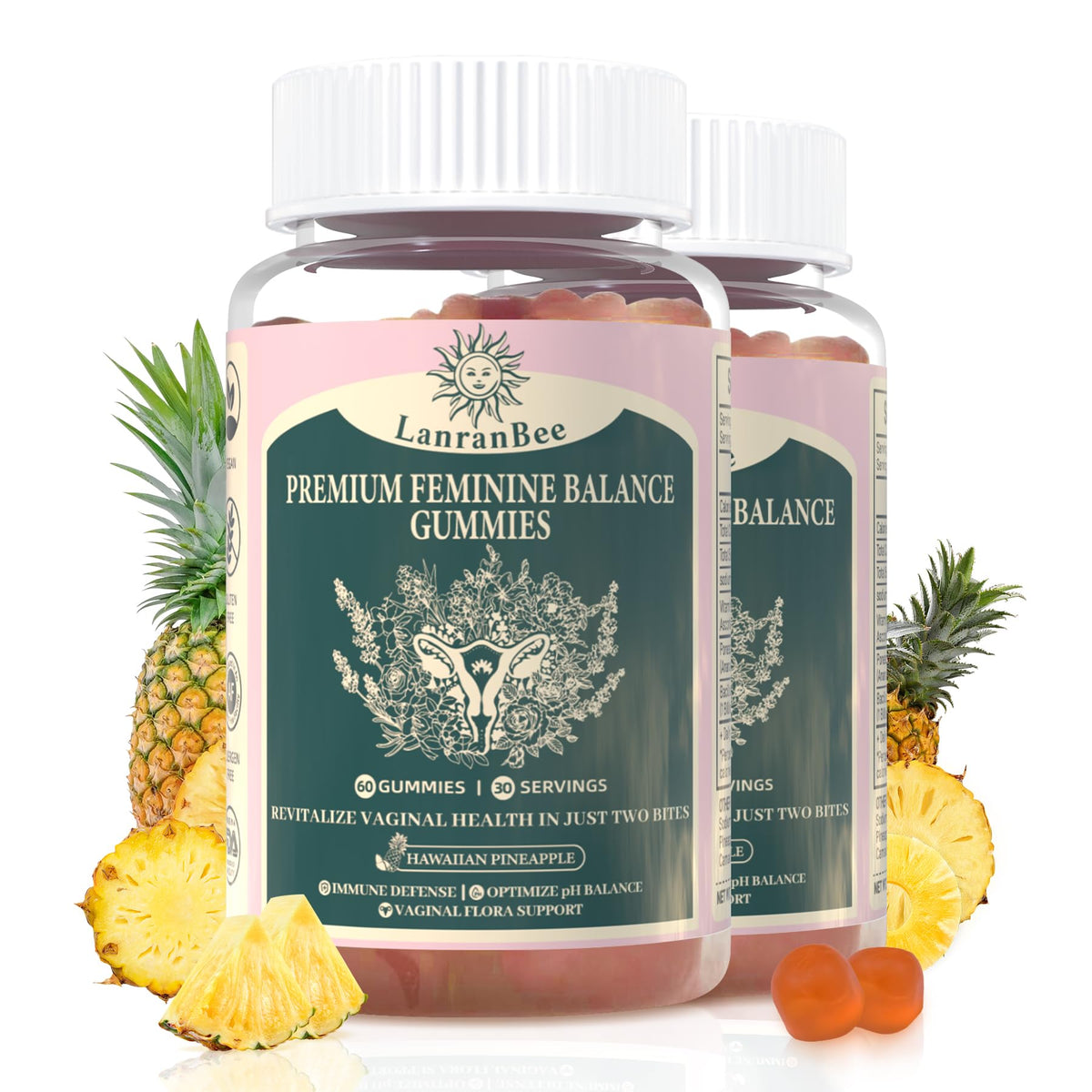 LanranBee Premium Feminine Balance gummies bottle pouring for daily wellness