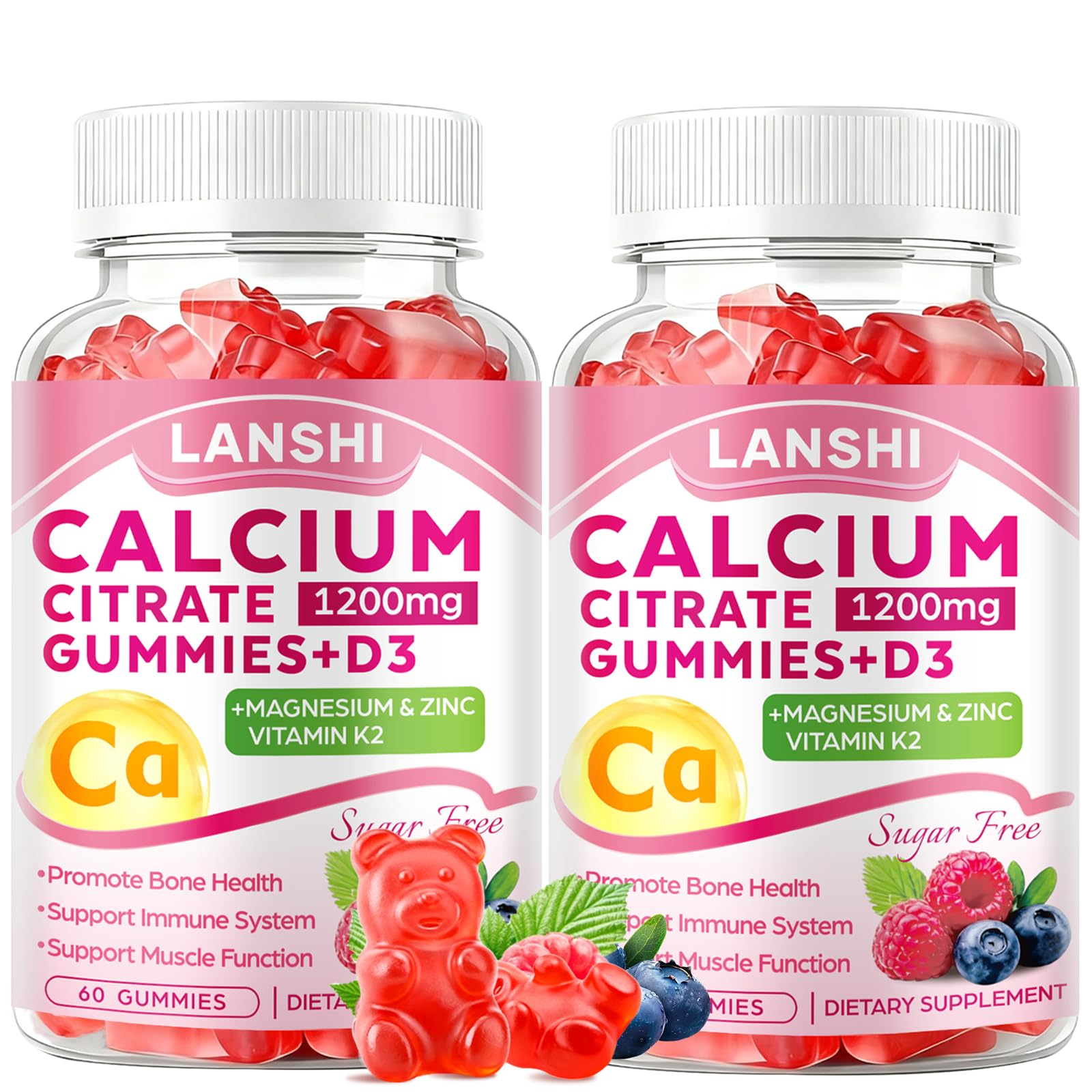 LANSHI Calcium Citrate Gummies bottle highlighting 1200 mg with D3 and K2