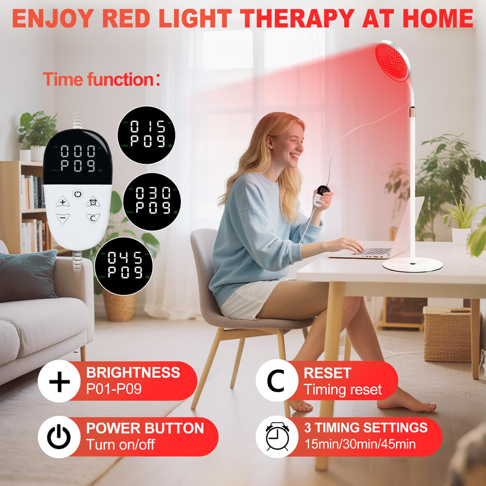 LanSuper red light therapy lamp at yoga height for relaxing stretches.