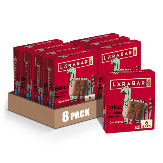 Larabar Kids Bakes Chocolate Brownie Bars box front, gluten-free snack option for kids.