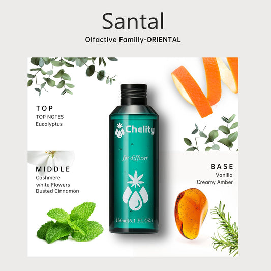 Larsweryar Chelity Santal diffuser oil label highlights premium quality and clean ingredients