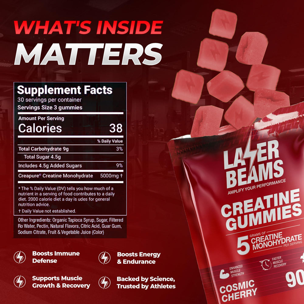 Laser Beams Creatine Gummies close-up label, signaling Creapure quality.