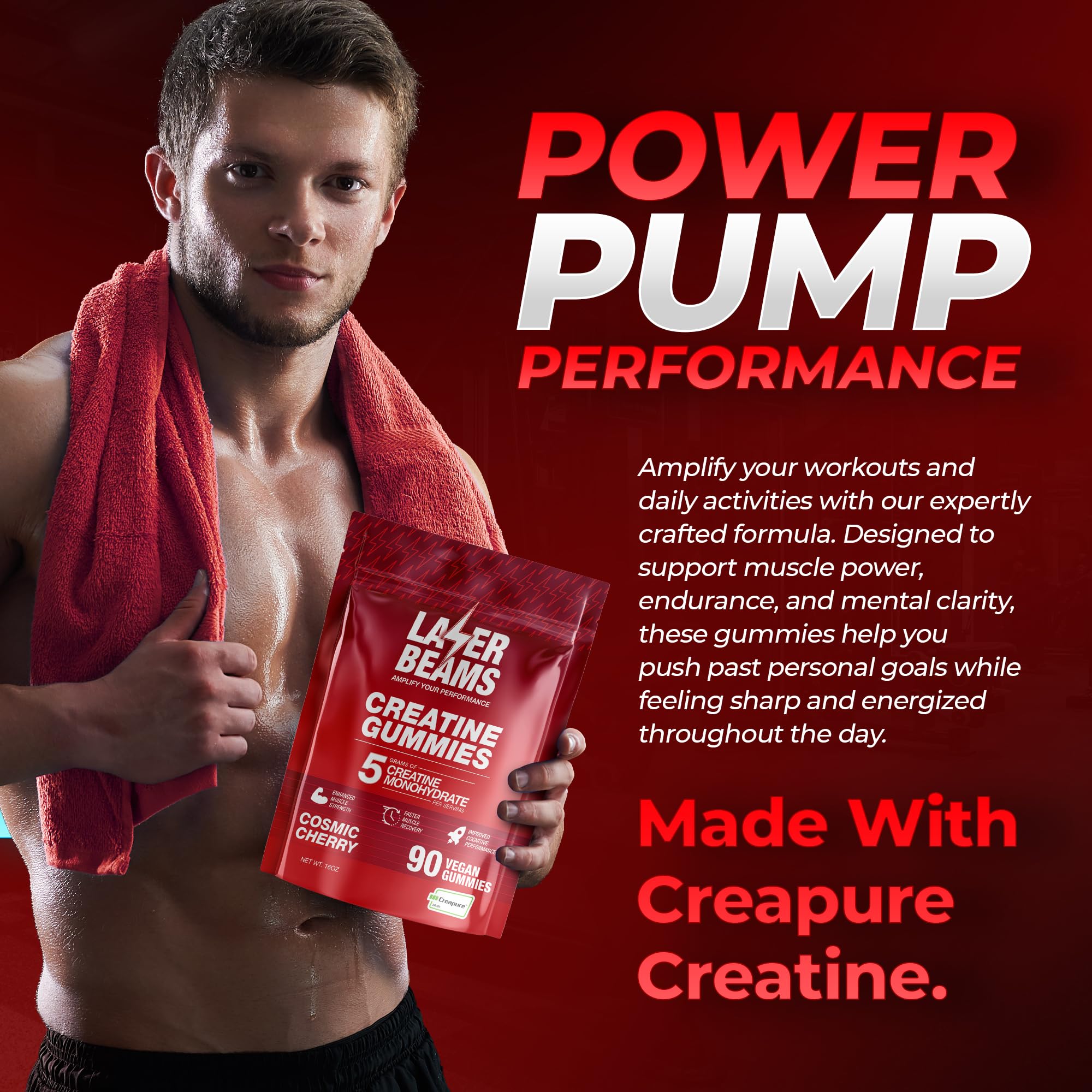 Laser Beams Creatine Gummies strawberry flavor for tasty daily use.