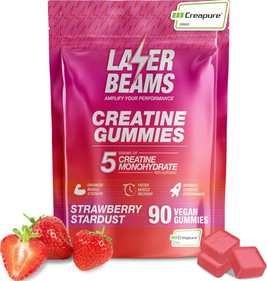 Laser Beams Creatine Gummies jar front for on-the-go muscle support.