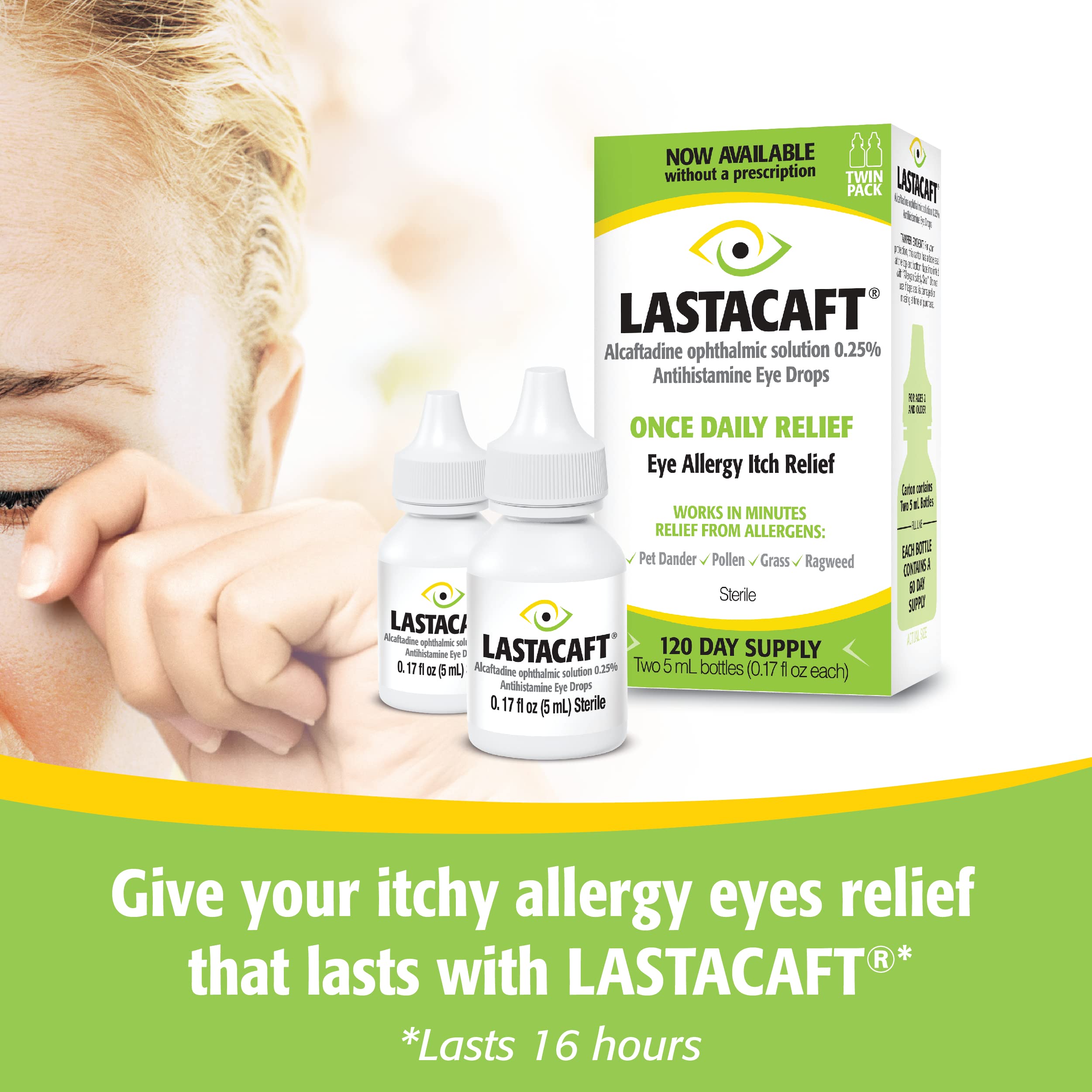 Close-up of Lastacaft application dropper delivering precise dose for quick eye relief.
