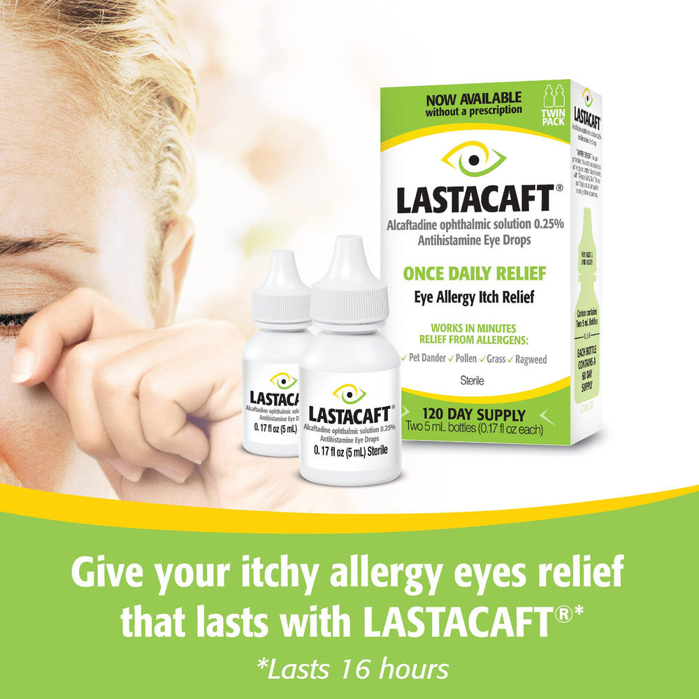Close-up of Lastacaft application dropper delivering precise dose for quick eye relief.