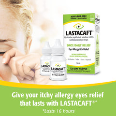 Close-up of Lastacaft application dropper delivering precise dose for quick eye relief.
