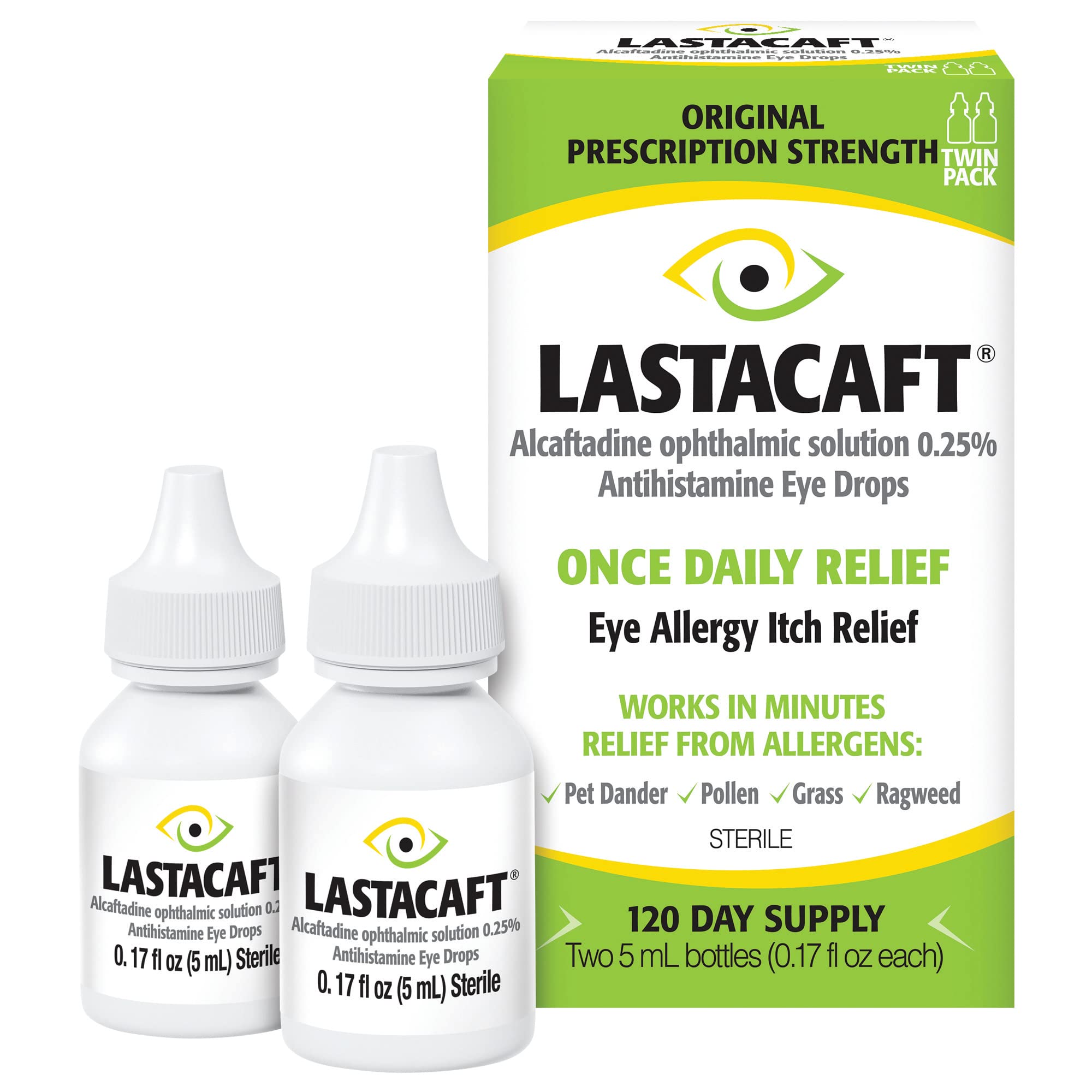 Lastacaft once daily eye drop bottle for fast, long-lasting allergy itch relief.