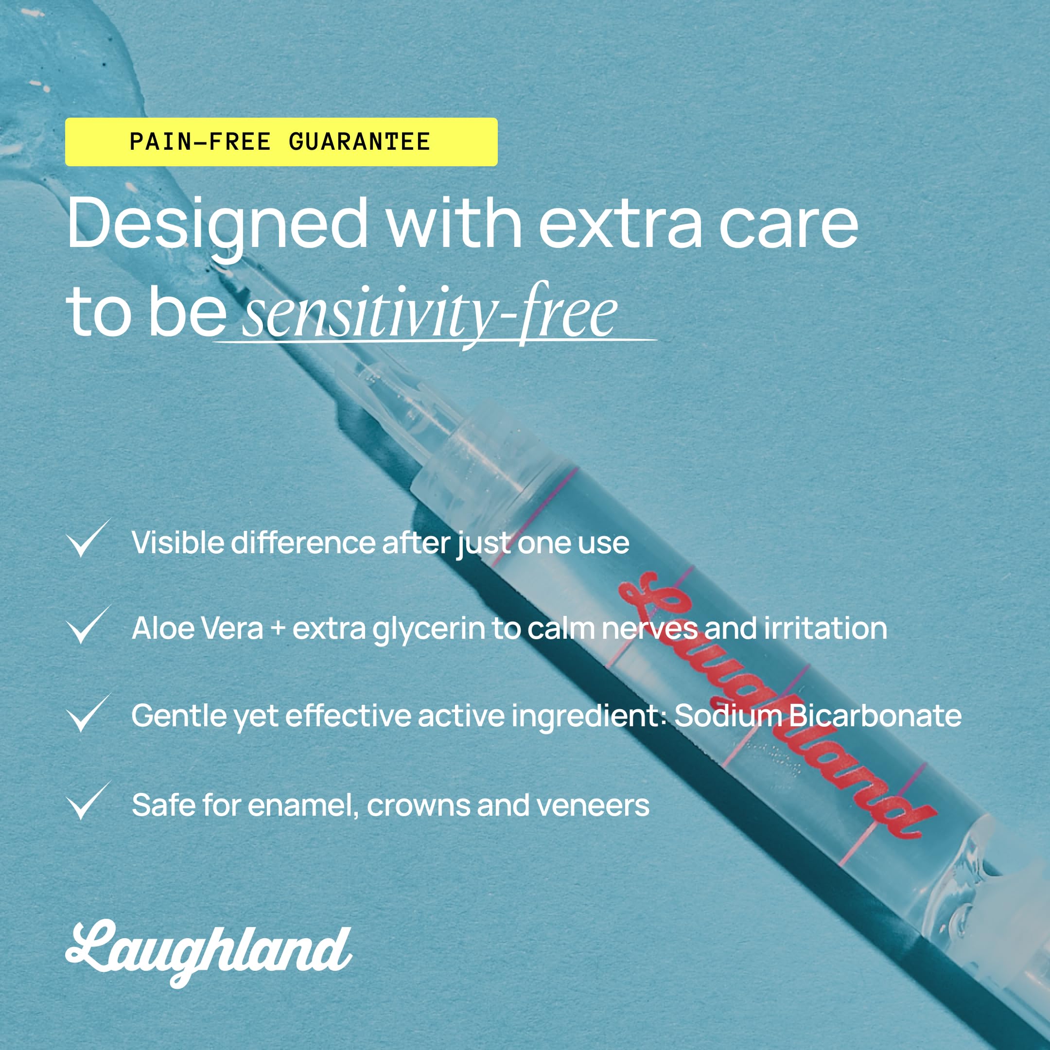 Laughland gel uses sodium bicarbonate, glycerin, aloe vera, and mint.