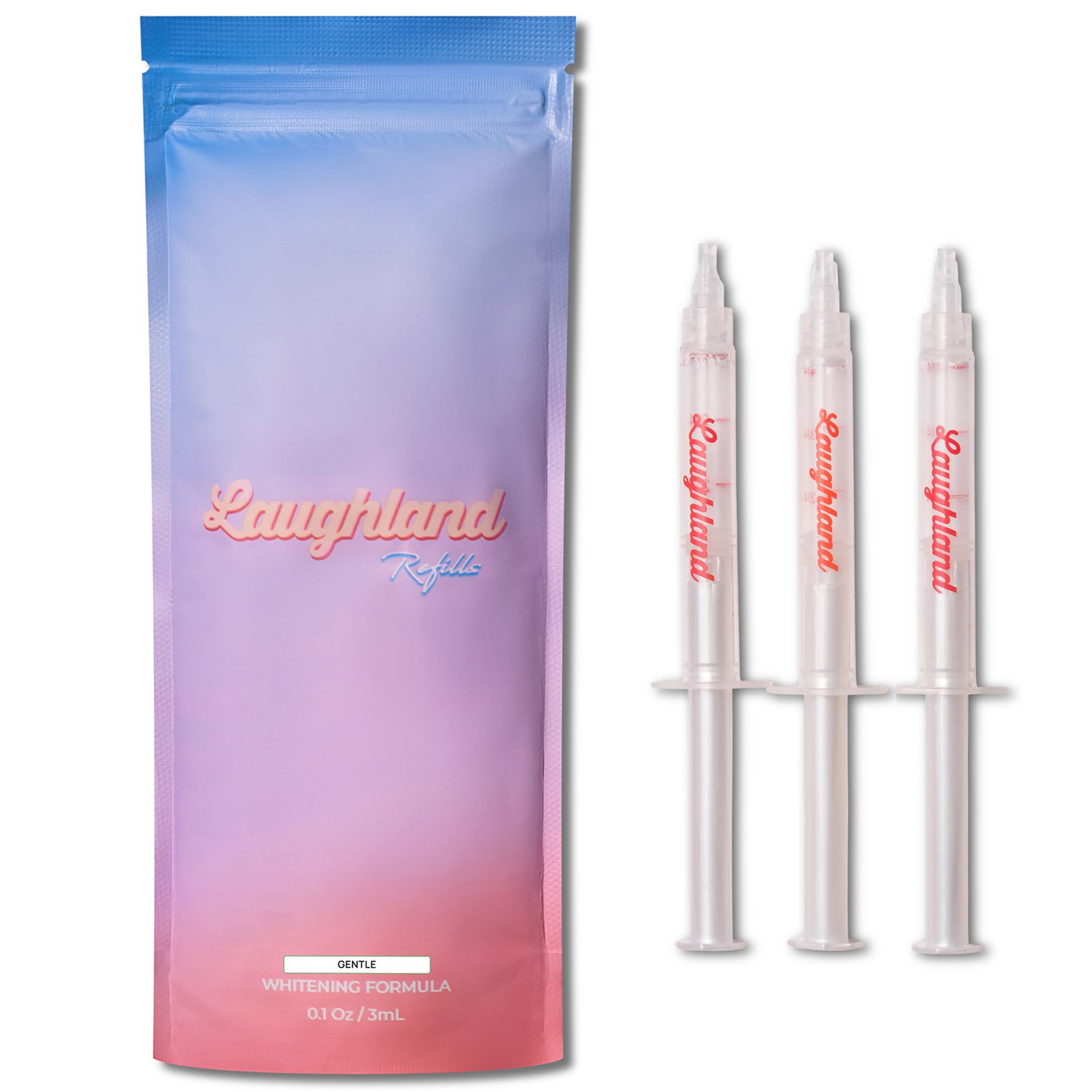 Laughland Gentle Teeth Whitening Gel 3-pack packaging overview for easy at-home use.