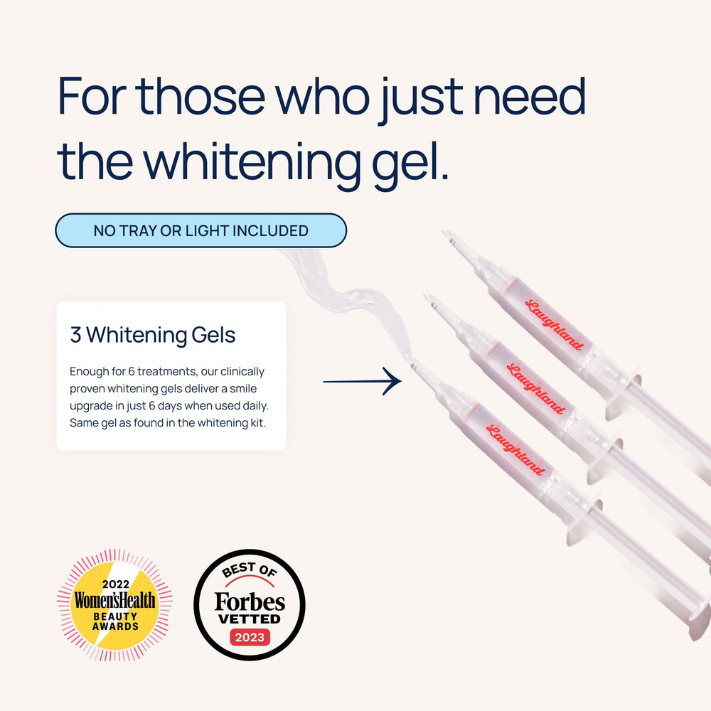 Laughland whitening system offers six treatments designed for progressive brightening.