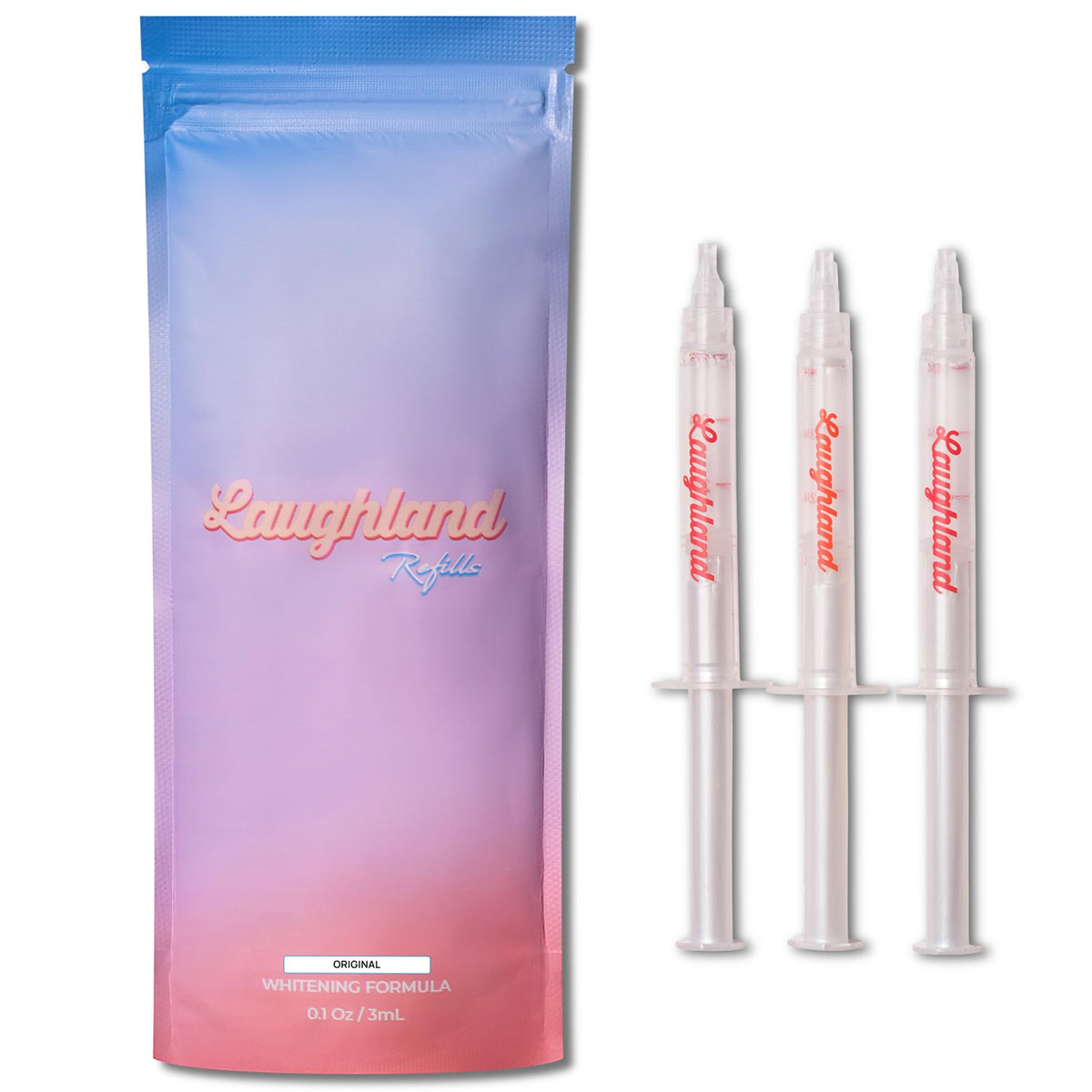 Laughland Original 3Pack tubes front for convenient at-home whitening touch-ups.