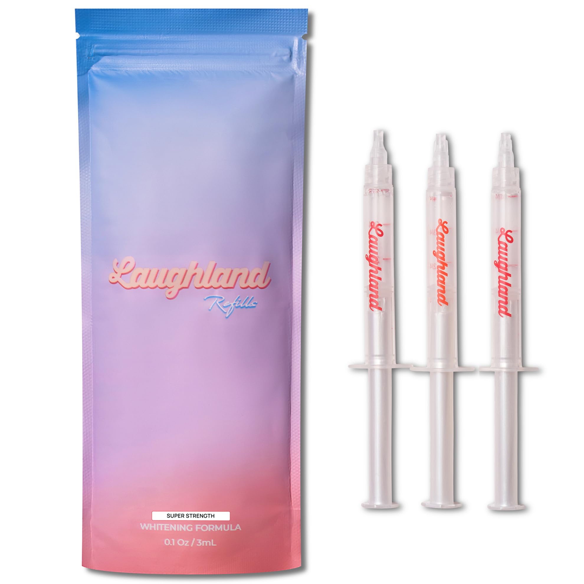 Laughland Super Strength Teeth Whitening Gel tubes for at-home whitening and a brighter smile.