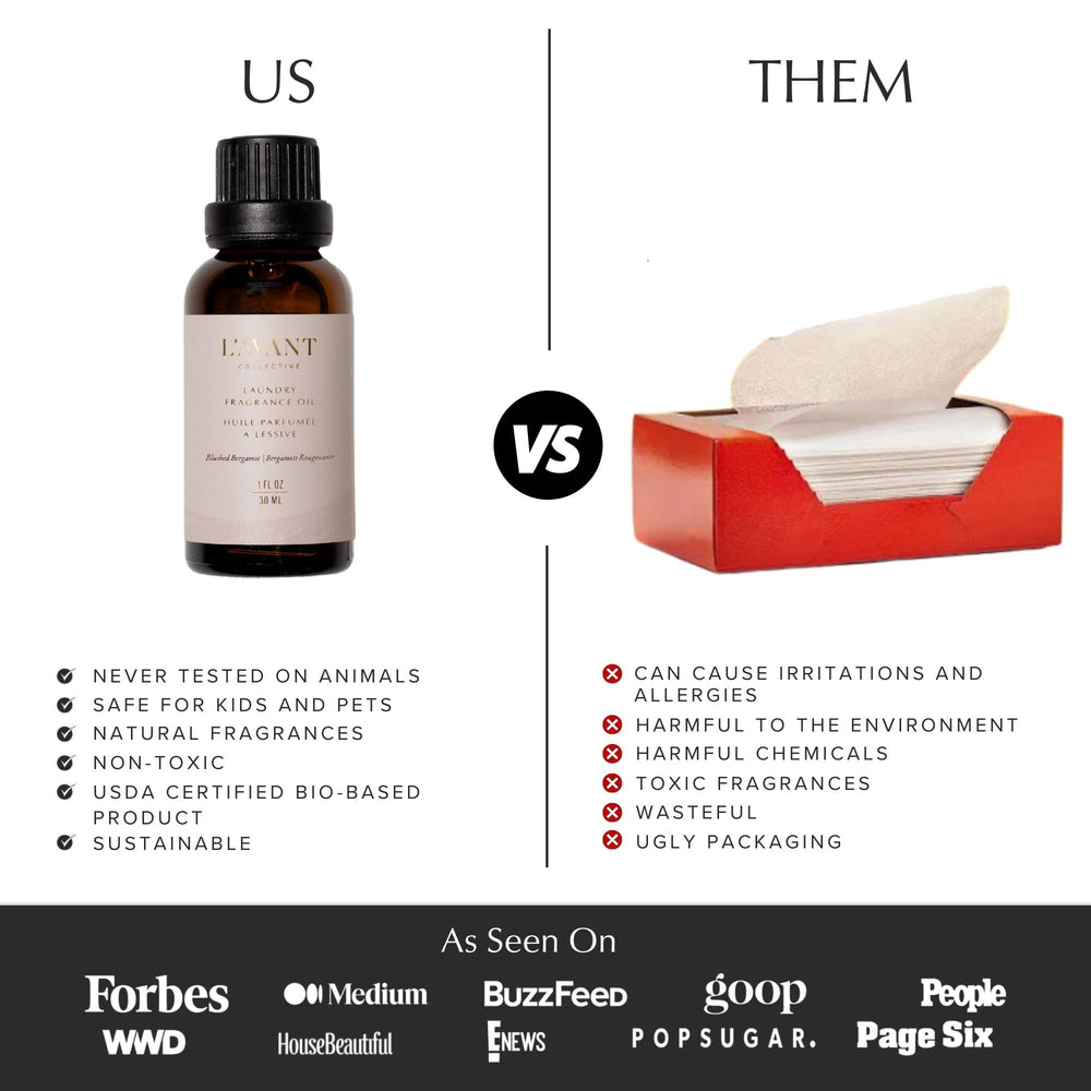 Packaging and label for L'AVANT essential oil laundry product with usage guidance.