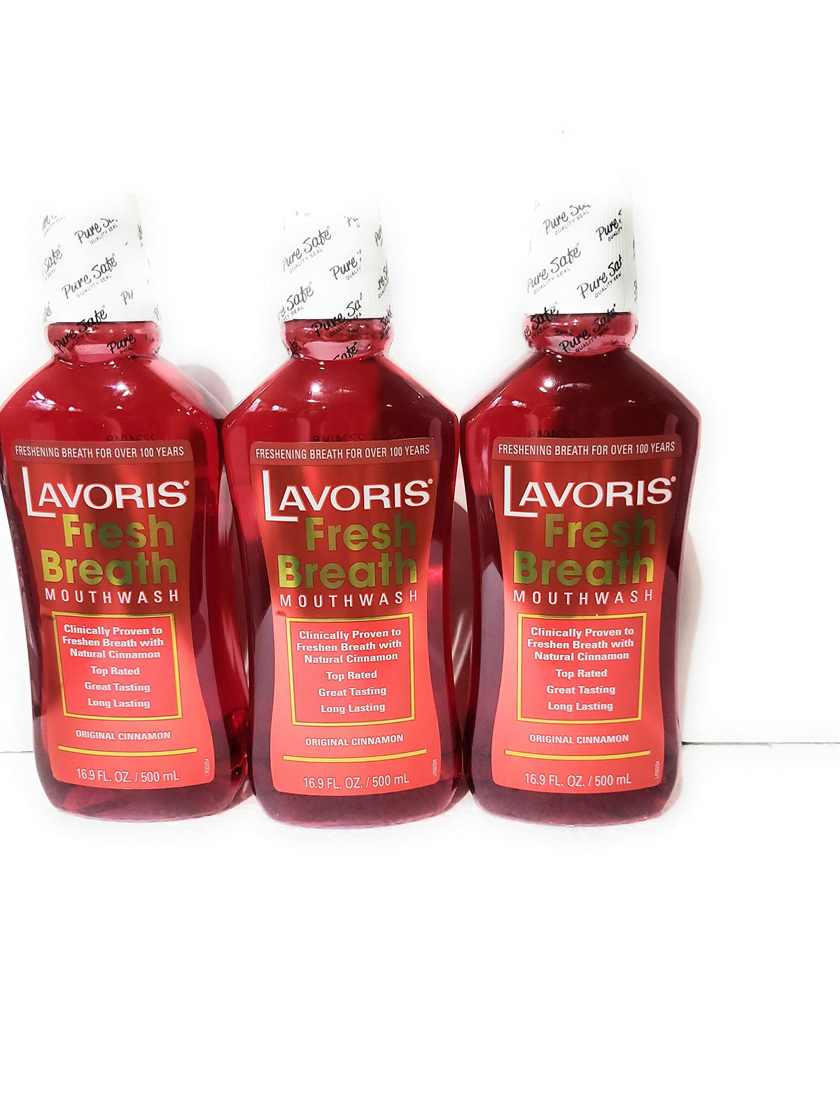 Lavoris Original Cinnamon mouthwash three-pack with front label, classic fresh breath formula.