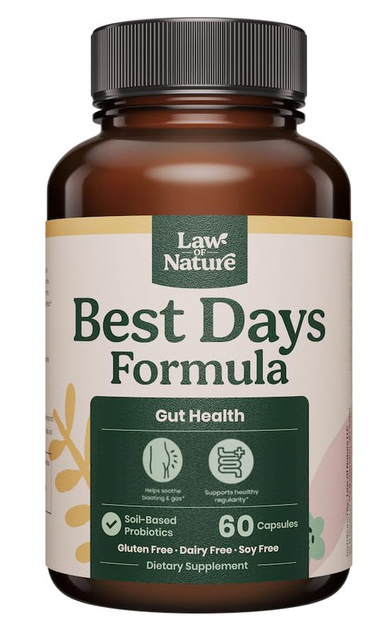 Law Of Nature Best Days Formula bottle front view for daily gut support.