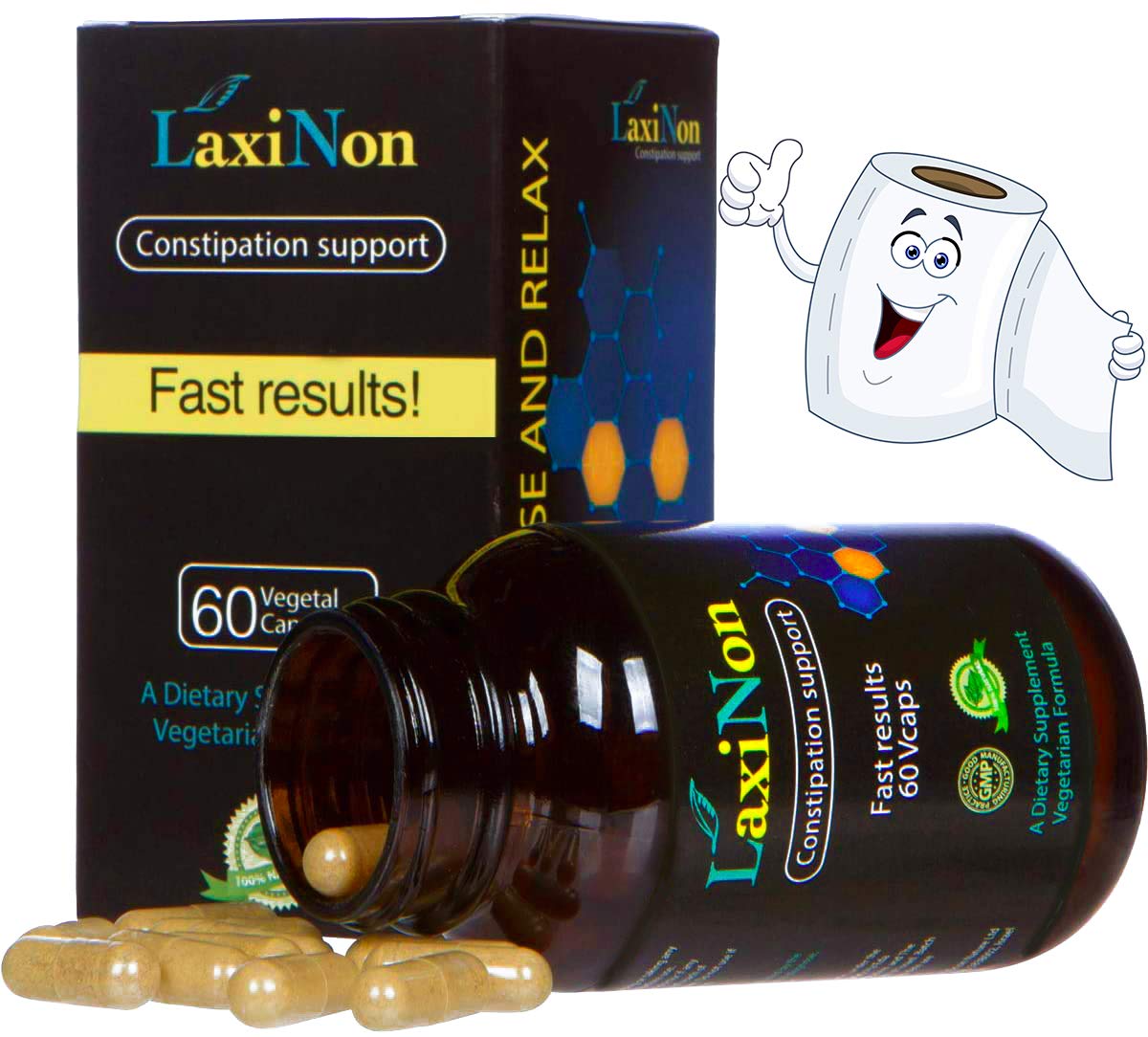 Laxinon natural laxative capsules bottle highlighting gentle relief.