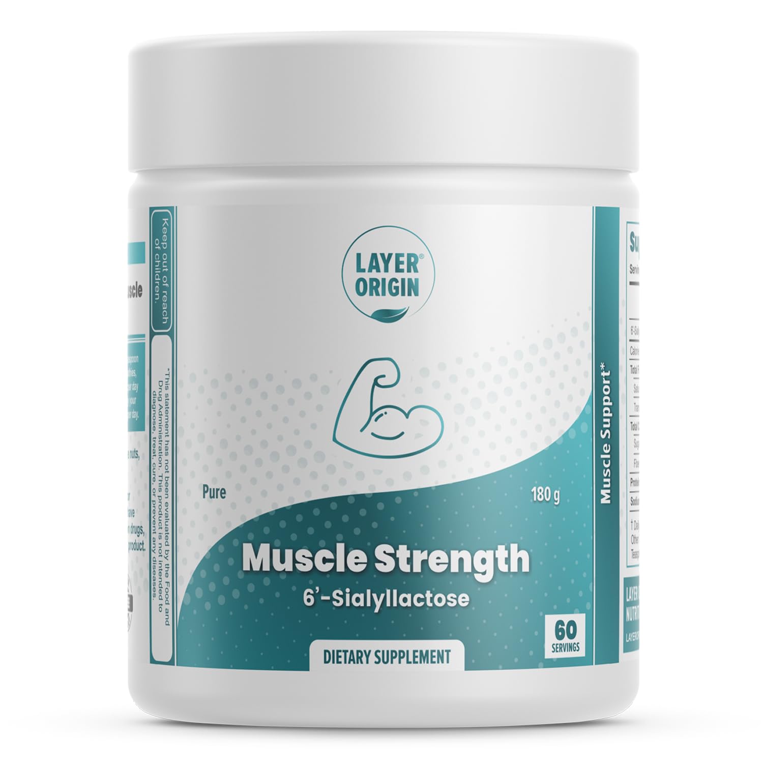 Layer Origin 6'-SL HMO bottle front; clean formula for muscle support.