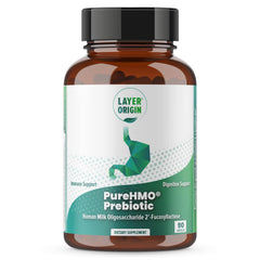 Layer Origin PureHMO 2'-FL bottle shows premium prebiotic for gut health and immune support.