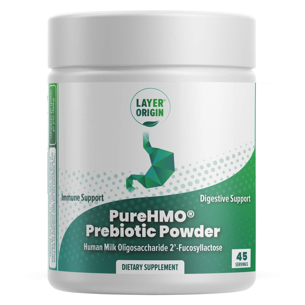 Layer Origin PureHMO powder jar front view showing pure prebiotic fiber