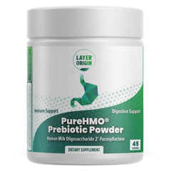Layer Origin PureHMO powder jar front view showing pure prebiotic fiber