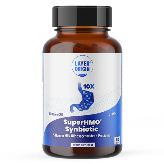 Layer Origin SuperHMO bottle front for daily gut diversity support.