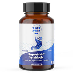 Layer Origin SuperHMO bottle front for daily gut diversity support.