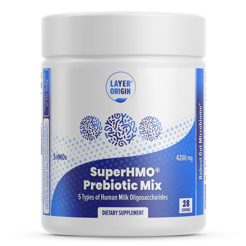 Layer Origin SuperHMO powder in a jar for convenient daily prebiotic use.