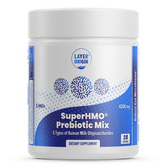 Layer Origin SuperHMO powder in a jar for convenient daily prebiotic use.