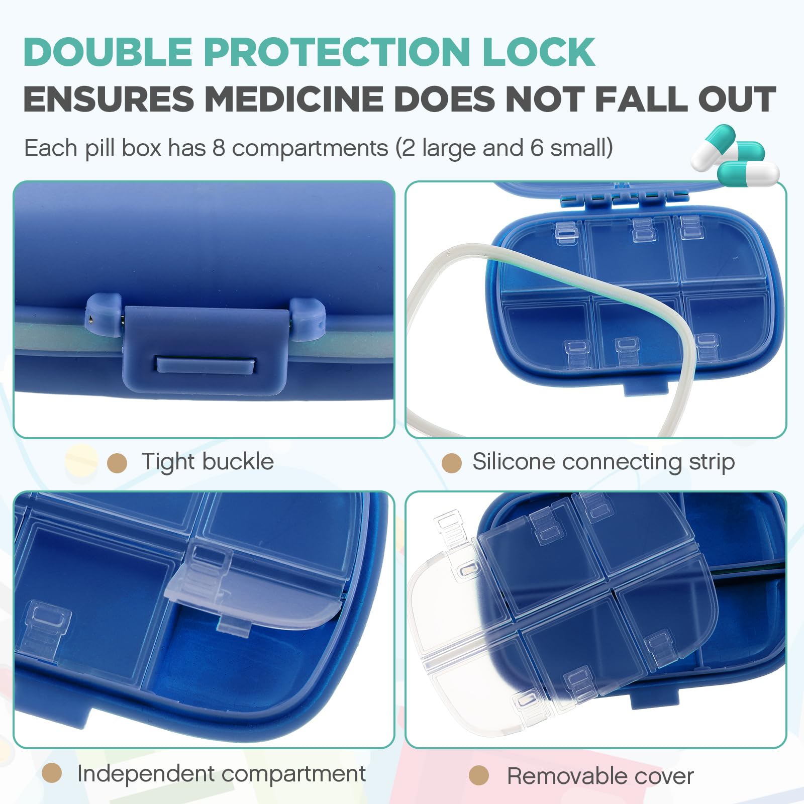 Dark blue Layhit compact pill box ideal for on-the-go storage