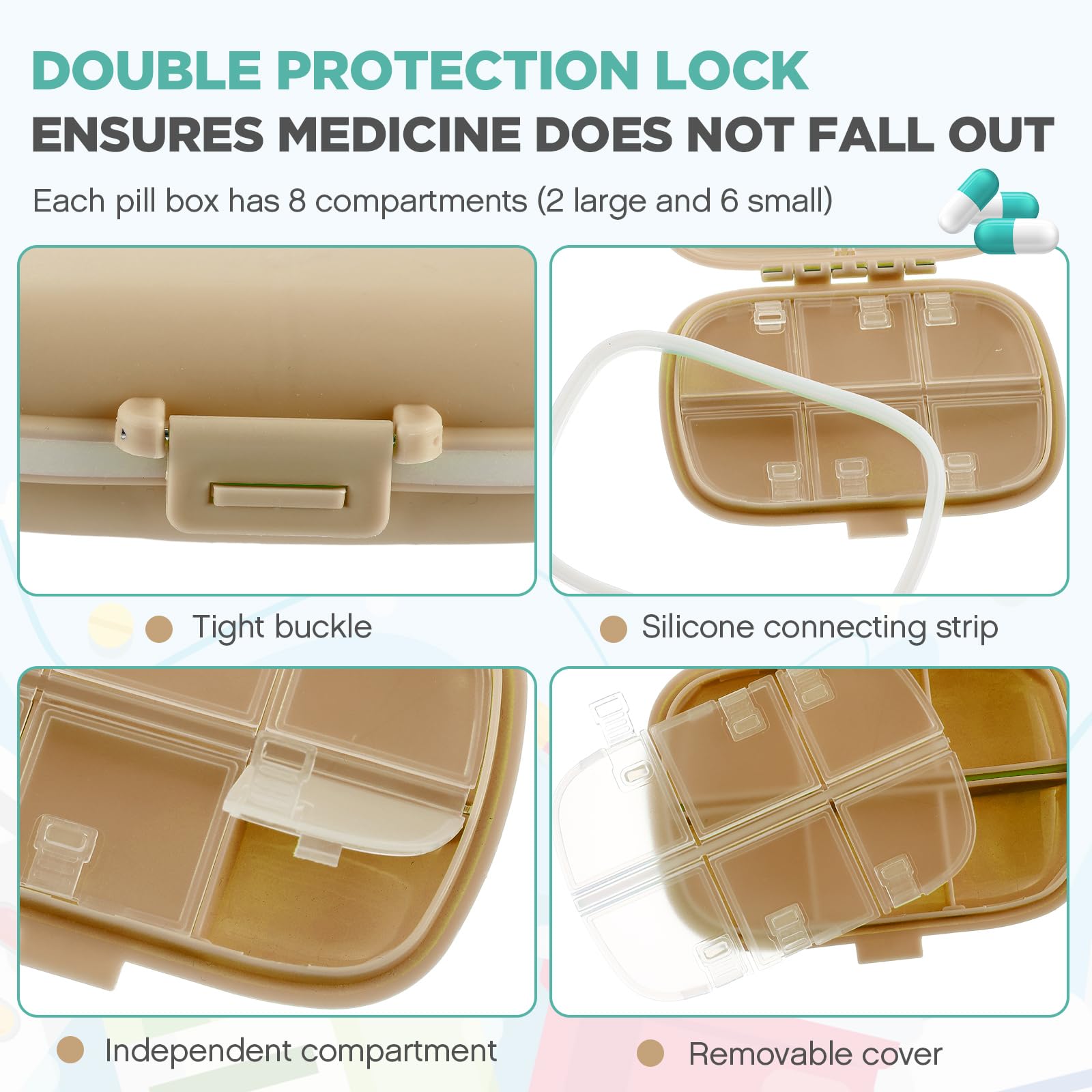 Layhit travel pill organizer in khaki showcasing 8 compartments and portability