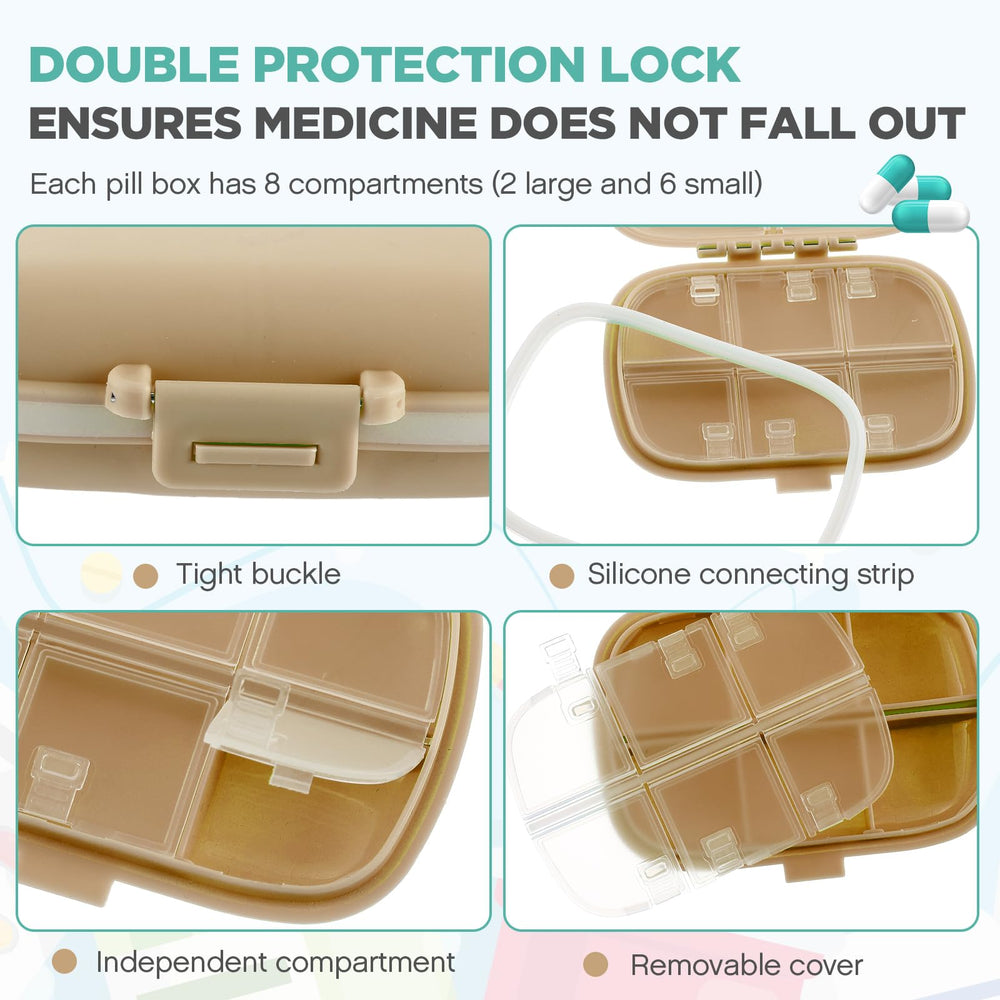 Layhit travel pill organizer in khaki showcasing 8 compartments and portability