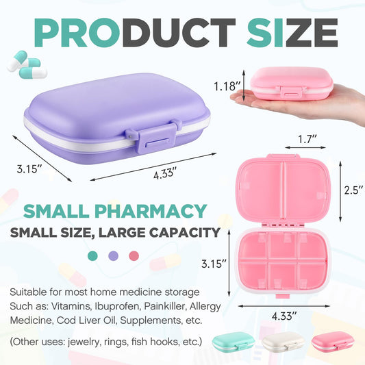 Layhit travel pill organizer in pink showing 8 compartments for daily meds.