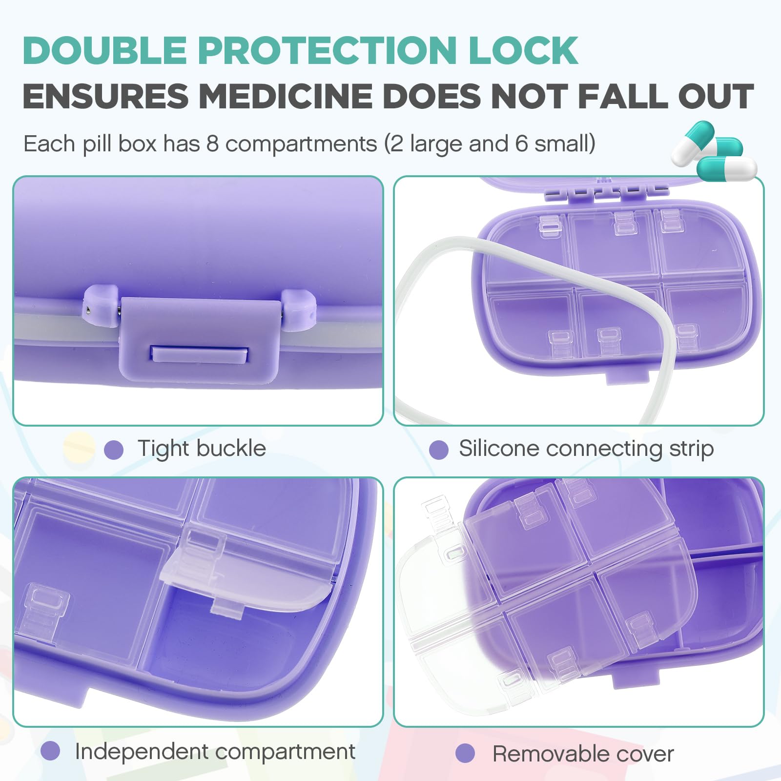 Layhit travel pill organizer in purple designed for compact travel storage.